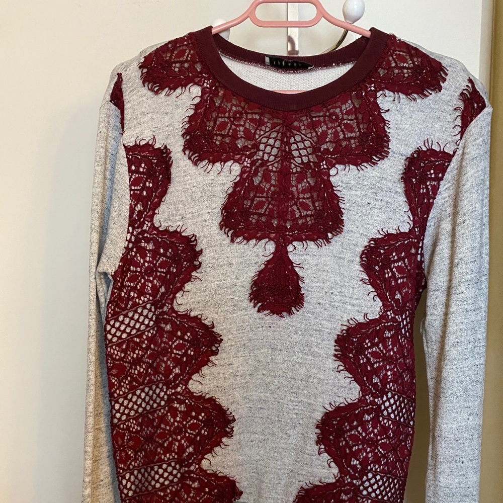 Sandro Gray Sweater With Burgundy Lace Size 1